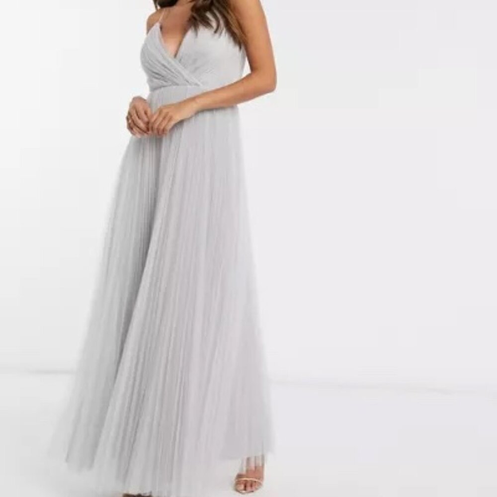ASOS DESIGN cami pleat tulle maxi dress in silver